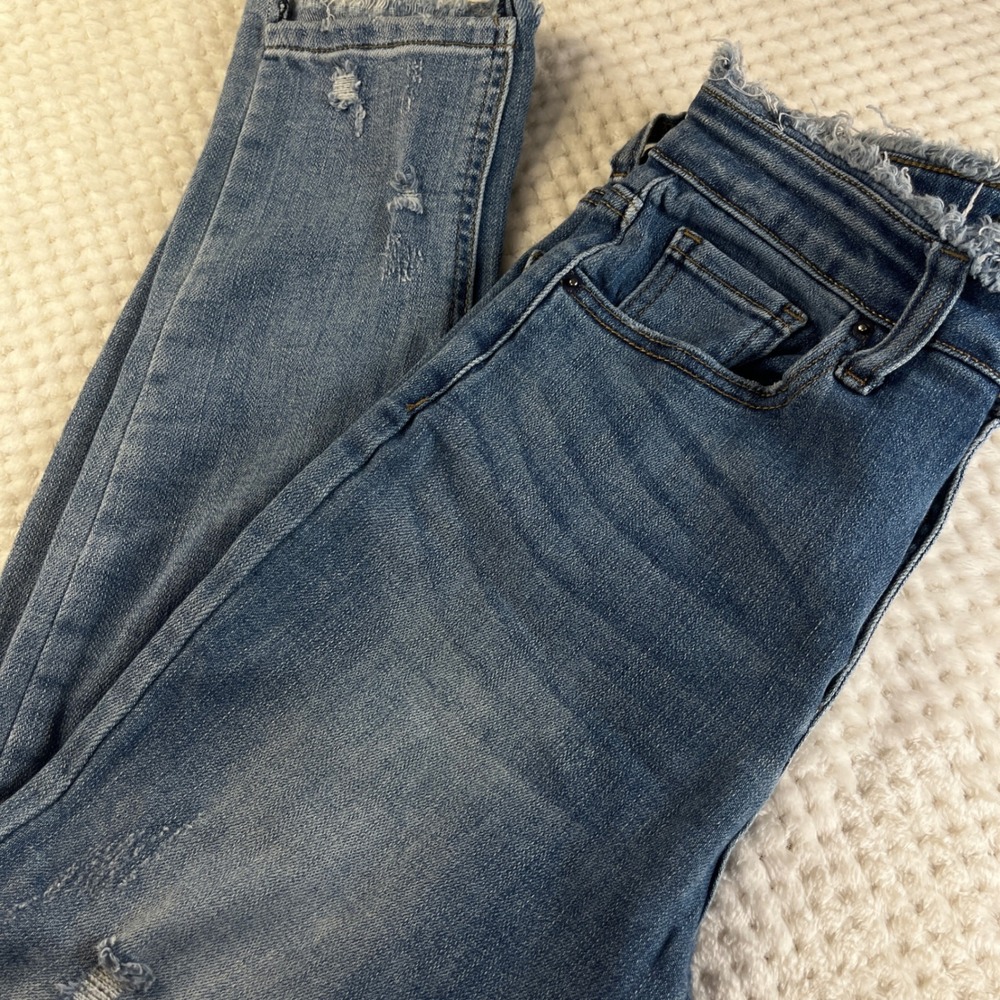 Risen High Rise Distressed Skinny Jeans Medium Wash Frayed Waist RDP1262 27/5